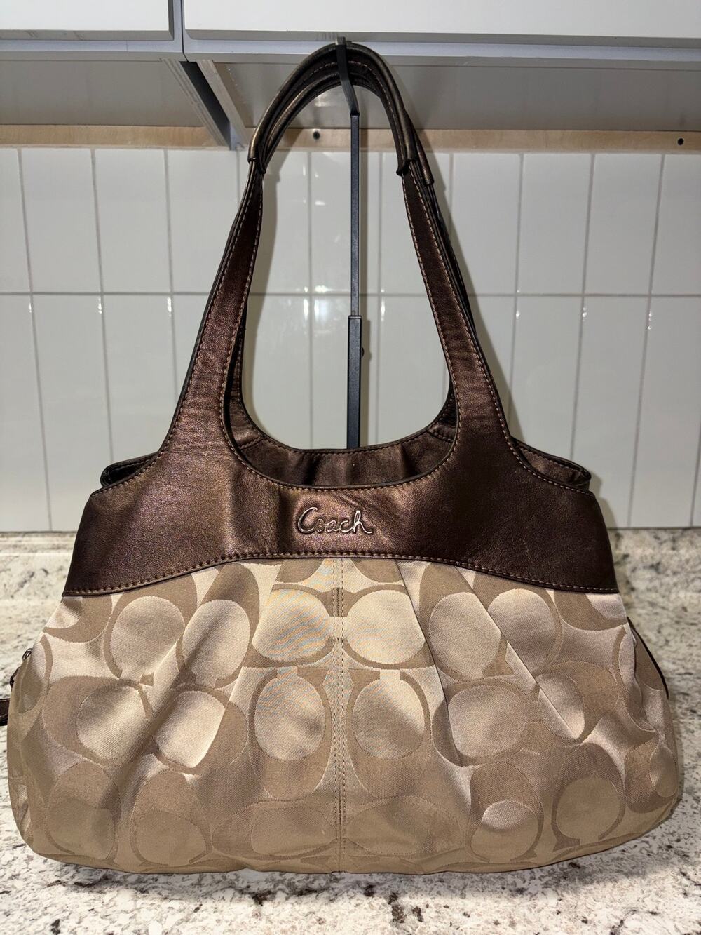 Y2K Coach Lexi Tan Signature Metallic Brown Tote F16314 Preowned